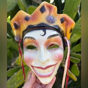 Vintage Clay Art USA 90s Colorful Ceramic Jester Mask Wall Hanging Decor